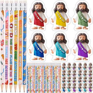 Yexiya 96 Pcs Easter Christian Bible Verse Pencils Bulk Include 48 Bible Verses Pencils 48 Religious Jesus Erasers Inspirational Christian Church Gifts for Sunday School Church Easter Party