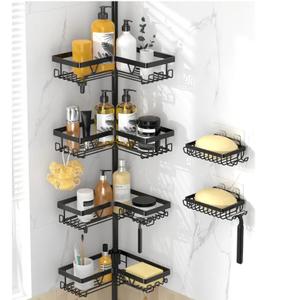 Corner Shower Caddy - 4-Tier Shower Caddy Tension Pole with 2 Removable Soap holders Bathroom Shampoo Holder for Bathtub & Corner, Black, Floor to Ceiling 25-114.2 inch