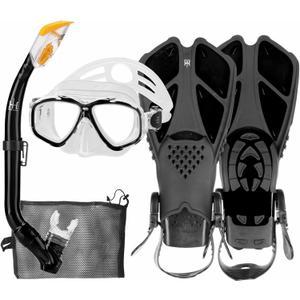 Kids Mask Fins Snorkel Set Snorkeling Packages, with Diving Mask, Snorkel, Adjustable Swim Fins, Mesh Bag, Anti-Fog Anti-Leak Snorkeling Gear for Kids for Snorkeling Swimming Diving