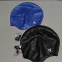 Unisex Swim Caps Ear Protection,2 Pack Silicone Swimming Caps for Short/Long Hair with Ear Plugs&Nose Clip,Waterproof Flexible Swimming Hat for Women Men Adults Kids,Easy to Put On and Off,Black+Blue