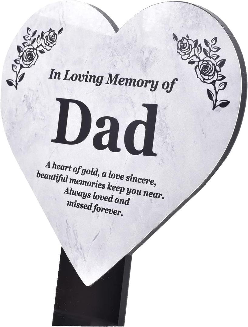 Dad Memorial Heart Shaped Plaque, Grave Marker - printed with remembrance poem, mounted on a sturdy acrylic stake marble effect