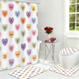 MEHOFOND 4pcs Valentines Shower Curtain Set Colorful Conversation Hearts Shower Curtain Sets for Valentine Heart Candy Bathroom Decor Curtains with Non-Slip Rugs Toilet Lid Cover and Bath Mat