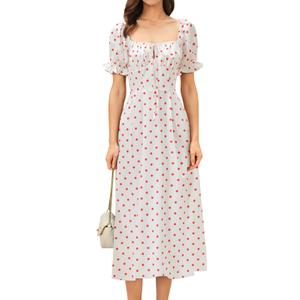 RIHOAS Womens Summer Dresses Square Neck Vintage Short Sleeve Midi Dress Casual Puff A Line Chiffon Sundress Short White, M (M)