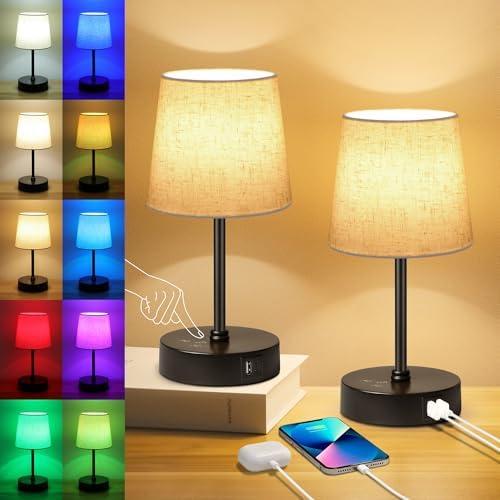 Ascher Small Bedside Table lamp Set of 1, RGB Color Changing Lamps, 3 Color Temperatures, Dimmable Nightstand Lamp with USB C+A Ports, Touch Desk Lamp for Bedroom Living Room, H11.4in(Flaxen Shade)