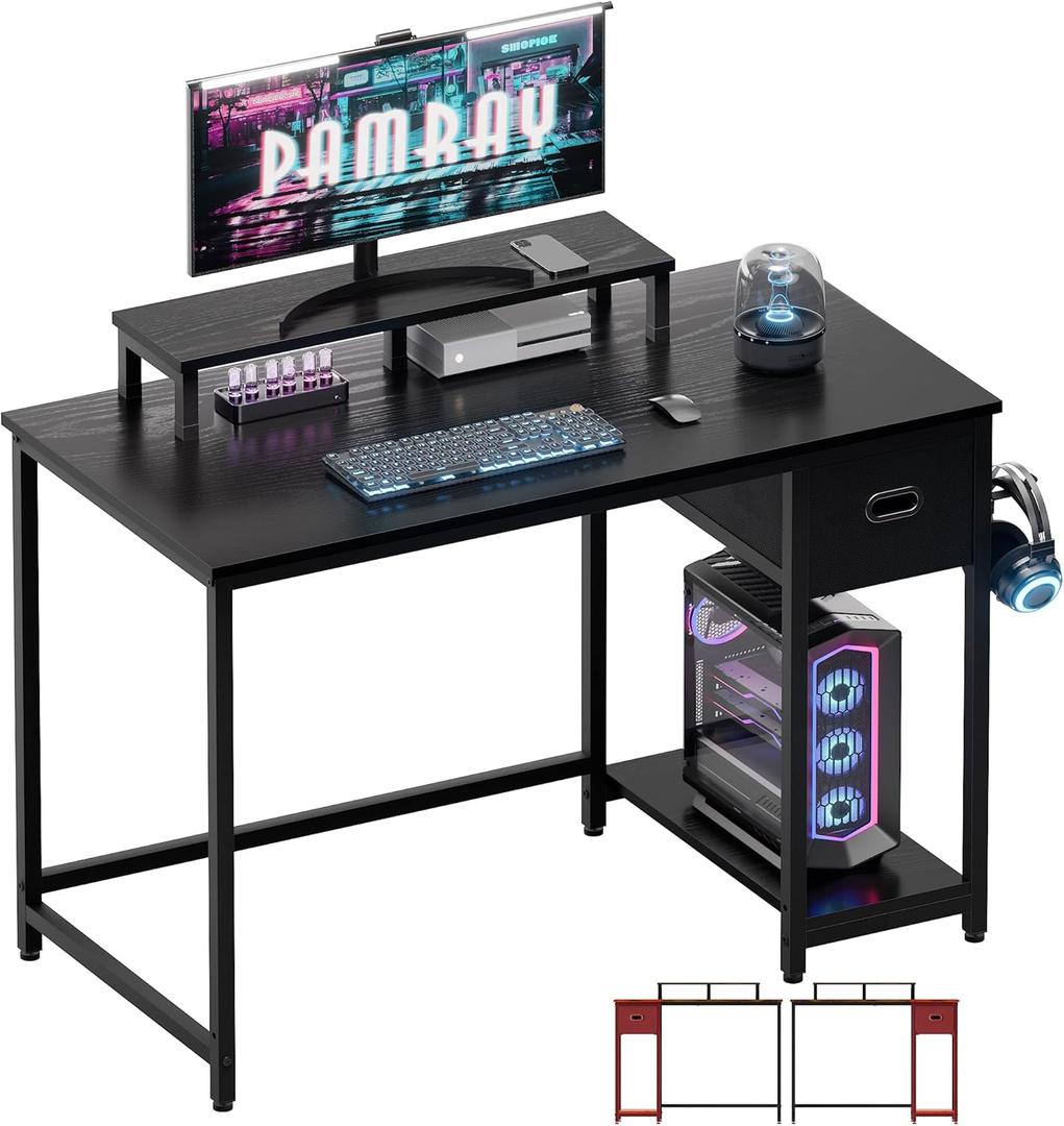 Pamray 39 Inch Computer Desk with Monitor Stand Small Home Office Desks with Non-Woven Storage Drawer for Bedroom Study Table Writing and Work Desk Black