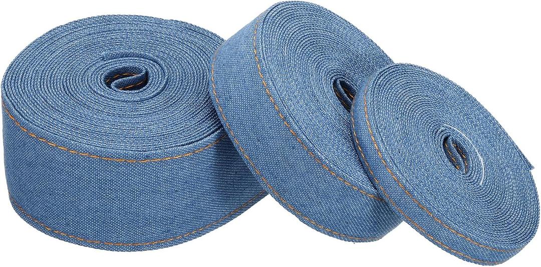 PATIKIL 3/8", 1", 1.5" Denim Ribbon Set, 3 Roll 3 Sizes Total 16.5 Yard Layering Jean Fabric Craft Strip for Bow DIY Making Hair Clip Garment Sewing Decorations, Blue