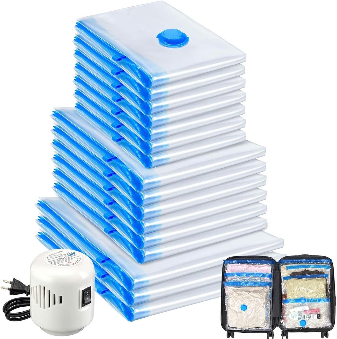 16 Pack Travel Vacuum Storage Bags with Electric Pump, Vacuum Seal Bags for Clothing, Vacuum Sealer Bags for Luggage, Travel Essentials (16 Set,Clear)