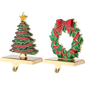Set of 2 Tree Christmas Stocking Holders for Mantle-Retro Christmas Stocking Hangers for Mantel Xmas Stocking Hooks for Fireplace,Metal Christmas Stocking Hanger for Mantel Decoration (Tree-Wreath)