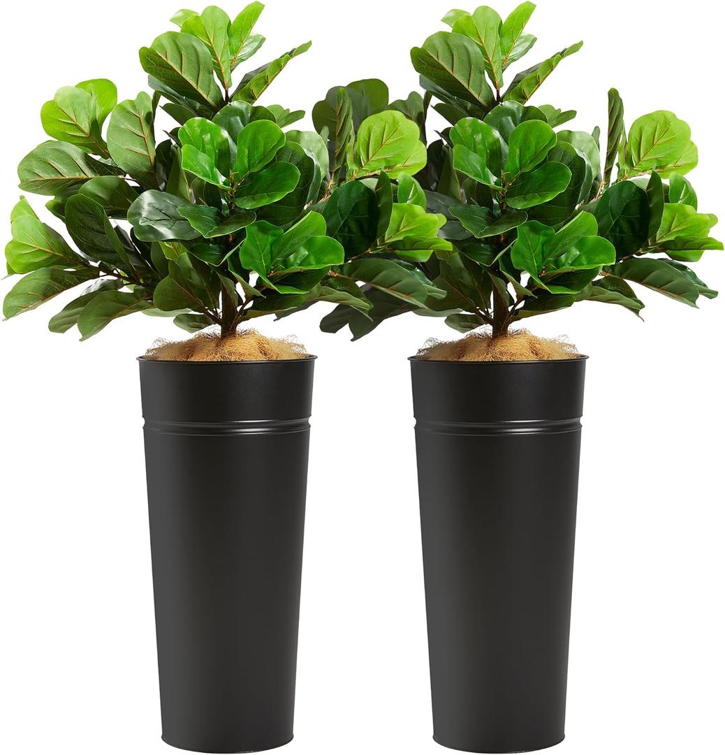 KOL 4.2FT 2-Pack Artificial Fiddle Leaf Fig Tree with Galvanized Steel Black Planter, Realistic Fake Faux Silk Plant & Superbly Crafted Flower Pot, Modern Home Office Living Room Decor Indoor Outdoor