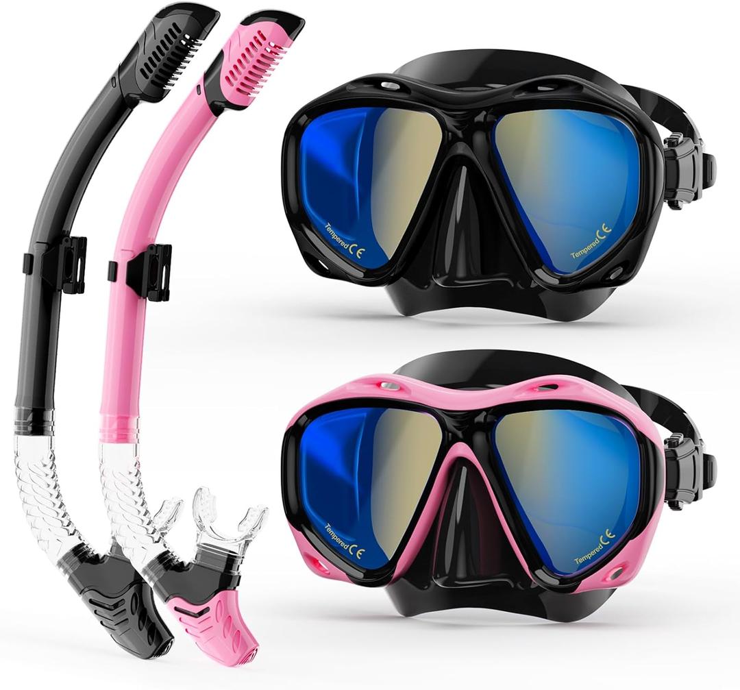 Snorkeling Gear for Adults, Snorkel Mask With Mirrored Tempered Glass Lens 180 Wide View Anti-Fog Scuba Diving Mask, Professional Snorkel Set for Swimming Diving, Gifts for Women Mom Men Dad