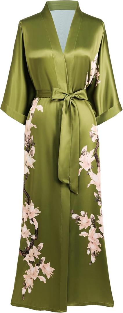 BABEYOND Kimono Robe Cover up with Box Long Floral Satin Sleepwear Silky Bathrobe Bachelorette Robe (One Size, Olive)