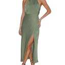 BEOVR 2025 Summer Satin Halter Neck Backless Slit Midi Dresses Elegant Cowl Back Ruched Wedding Guest Maxi Dress for Women Sage, S