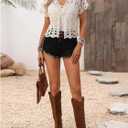 GORGLITTER Women's Tie Front Hollow Out Cardigans Short Sleeve V Neck Pointelle Knit Tops (White, S)