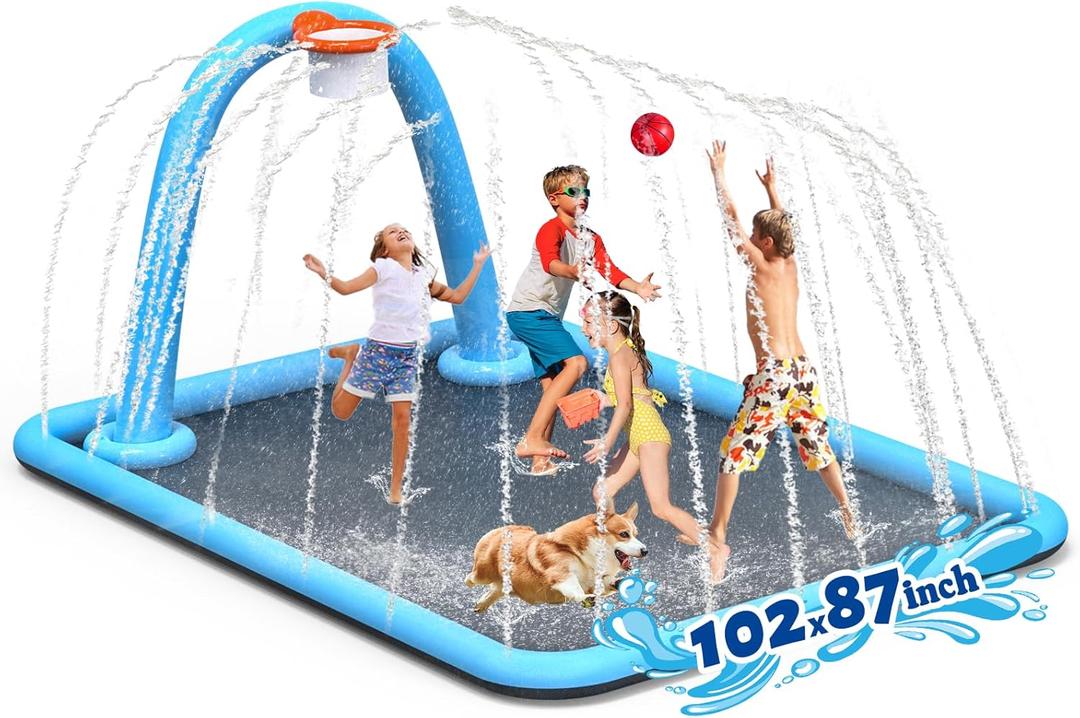 102x87'' Splash Pad with Ball, Basketball Hoop & Arch, Outdoor Water Mat for Kids, Dogs & Adults, Non-Slip Thickened Sprinkler Pad for Backyard Summer Fun