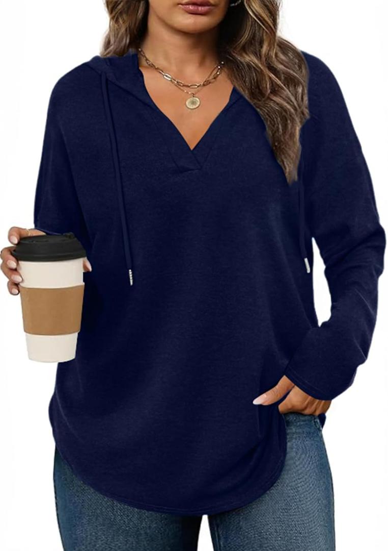 Eytino Plus Size Sweatshirts for Women Long Sleeve V Neck Drawstring Pullover Hoodies Tops(5X) (Dark Blue)