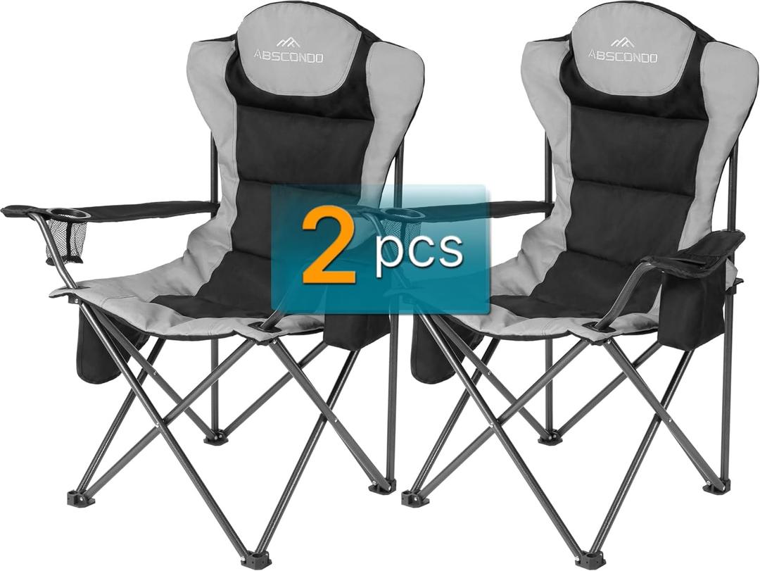 ABSCONDO Camping Chairs for Adults, Oversized Folding Camp Chair for Outdoor with Cup Holder & Cooler Bag, XL Heavy Duty Lawn Chairs Supports up to 350lbs (2 Pcs) (Black)