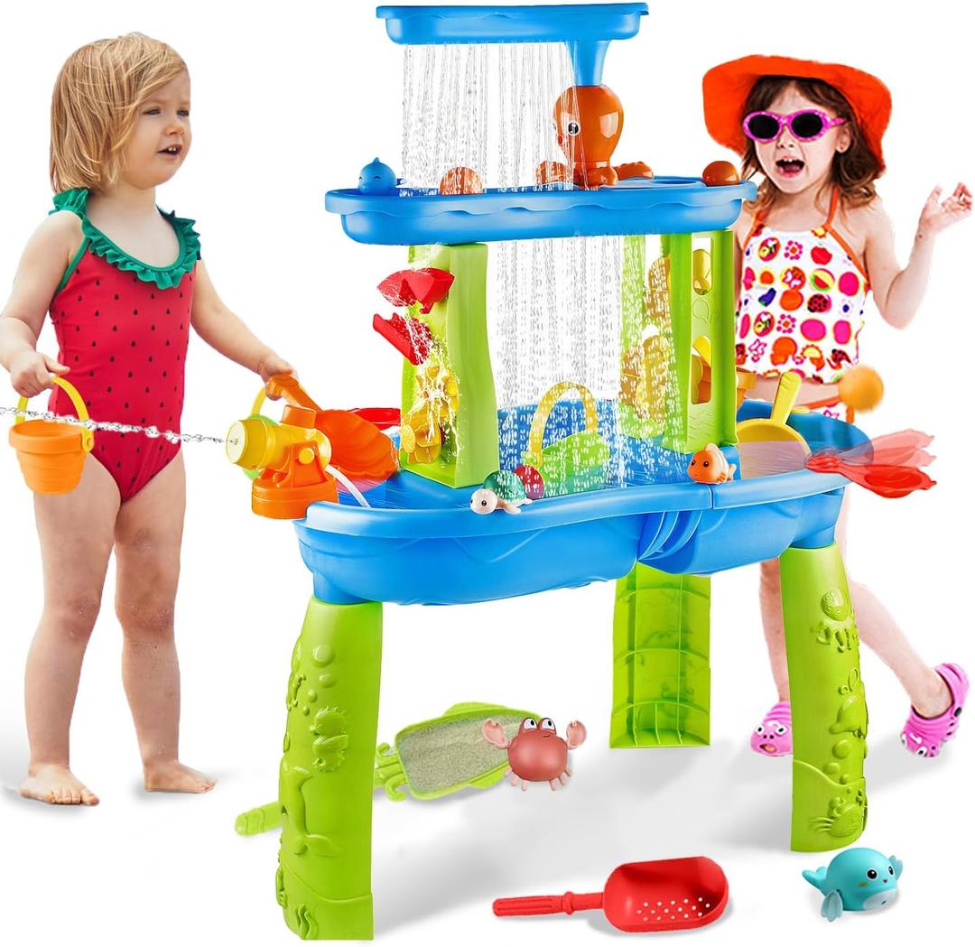 YAZ&OUZ 3-Tier Kids Water Table, Water Table for Toddlers 3, Water Tables for Toddlers 3 Features Swimming Crabs & Dolphins, Rain Showers Splash Pond, Activity Sensory Play Table for Boys Girls