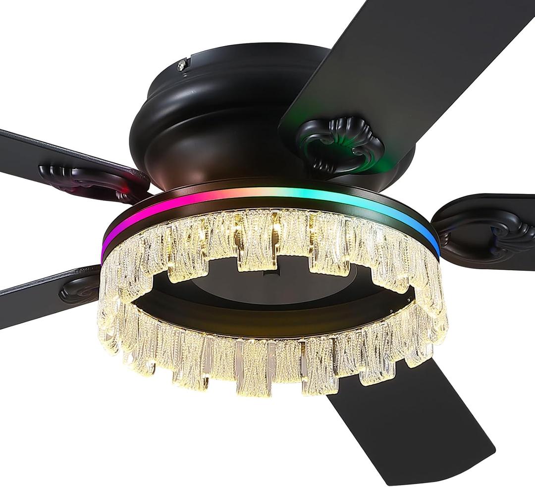 Asyko Ceiling Fans with Lights,52inch Low Profile RGB Ceiling fan and Remote Control, Dimmable, DC Reversible Motor, Noiseless, 6 Speeds, Black Ceiling Fan For Bedroom Indoor Outdoor