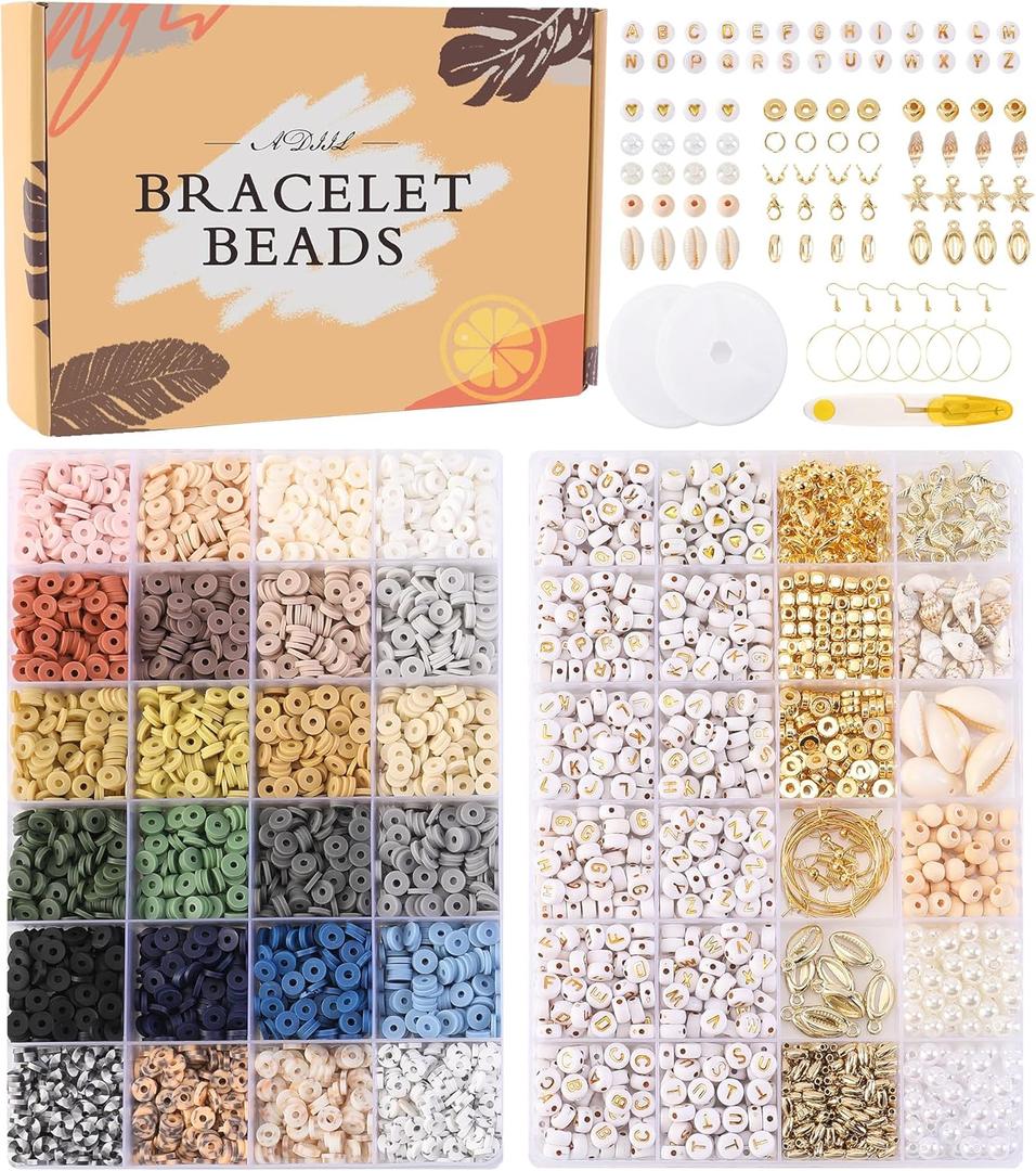 ADIIL 7200 Pcs Clay Beads Friendship Bracelet Making Kit, 24 Colors 6mm Polymer Heishi Beads, Neutral