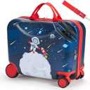 VEVOR Ride-on Luggage, 26 L Capacity, 18 Inches Tow Along Toddler Carry on Luggage with Wheels, Adjustable Shoulder Strap, Lightweight Kids Riding Suitcase for Boys & Girls Aged 3+, Blue & White (Spaceman)