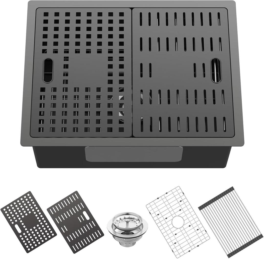 Black Kitchen Sink With Dual Cover,24"x18" Stainless Steel Undermount Single Bowl Kitchen Sink Built-in Ledge Drop In Workstation Sink Fully Covering Sink To Create Temporary Workspace/Drainage Area