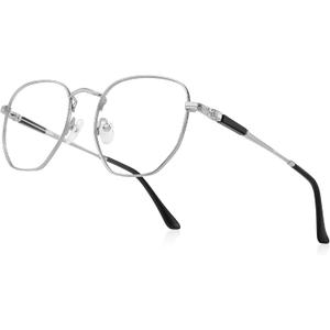 Classic Square Polygon Reading Glasses for Men Women Light Blocking Computer Readers Spring Hinge Metal Frame (Silver)