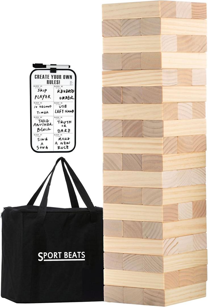 Outdoor Games Giant Tower Stacking Game, 54 Wooden Blocks, Stack Up to 4.5 Ft Tall, Includes Carry Bag and Scoreboard, Backyard and Beach Lawn Yard Fun for Adults and Family (Natural)
