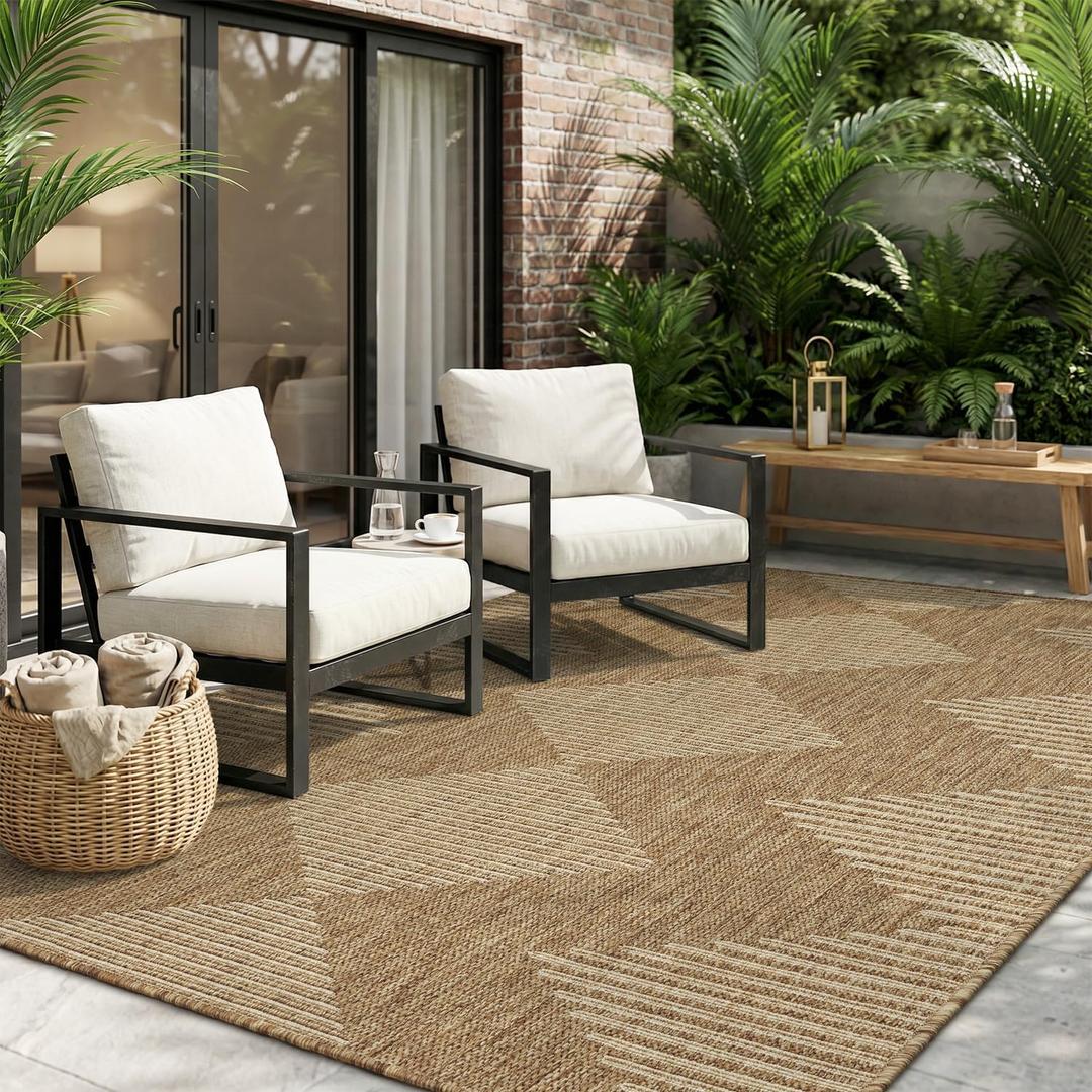 MontVoo-Outdoor Rug-Patio Rug 9x12 Polypropylene Indoor Outdoor Rug Outdoor Carpet for Patio Deck Balcony Porch, Textured Weave, Durable for High Traffic, Fade-Resistant, Boho Geometric Neutral Brown