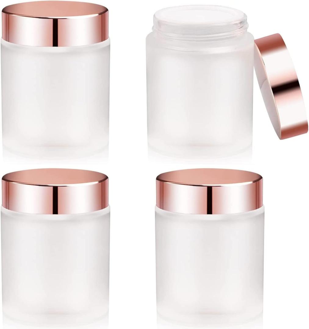 Sxminer 4 Pack 100g/3.4 oz Empty Glass Jars Frosted Glass Cream Jar Bottle with Rose Gold Lids Refillable Cosmetic Containers Makeup Empty Storage Containers Travel Jars Pot for Creams Lotions Scrubs