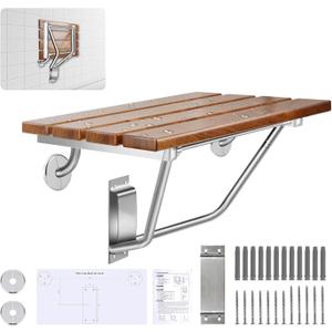 18 Inch Folding Shower Seat Wall Mounted, Teak Wood Shower Seat with Stainless Steel Bracket & Finish Cap, 420lb Capacity, for Elderly, Disabled, Pregnant Women, Kids
