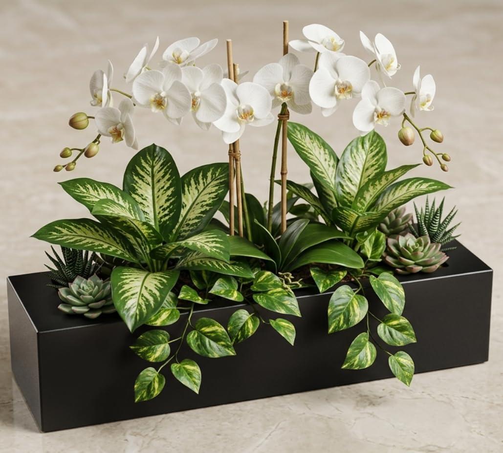 QUHUATU Premium Rectangular Floral Decorative Piece—Indoor/Outdoor Matte Rectangular Planter—Perfect for Various Realistic Greenery Decorations to Enhance Homes and Gardens (Plants Not Included)