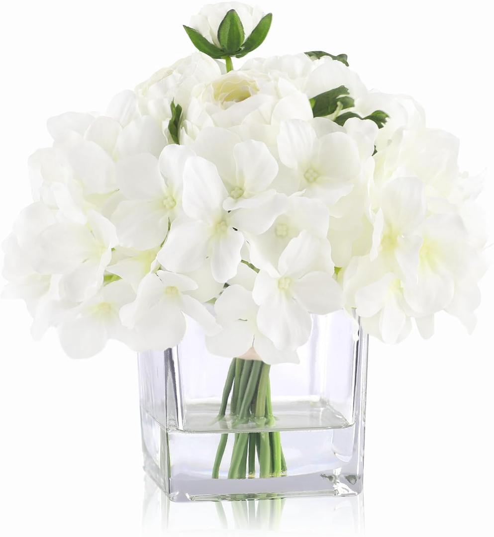 WELL KNOWN Fake Flowers in Vase, Hydrangea Ranunculus Artificial Flowers with Vase, Silk Faux Floral with Faux Water Arrangements Centerpiece for Office Dining Table Home Hotel Wedding Decor (White)