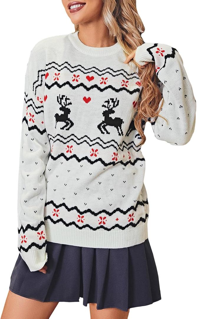 Miessial Women's Knitted Christmas Pattern Sweater Comfy Crewneck Long Sleeve Pullover Sweater (Large)