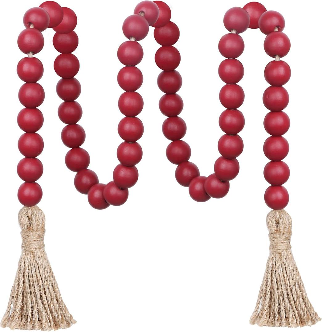 Meplait 39in Wood Bead Garland Farmhouse with Tassels,Versatile Prayer Beads Boho Chic Wall Hanging Home Decor (Burgundy)