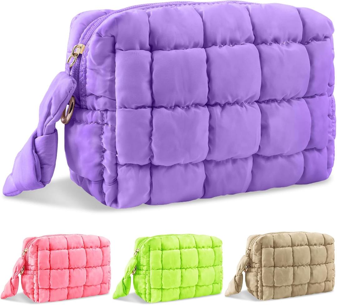 Puffer Quilted Makeup Bag Cosmetic Bags, Puffy Travel Toiletry Pouch for Women, Cute Checkered Zipper Bag Travel Essential, Portable Aesthetic Make up Organizer Bag for Gifts Work Daily (Purple,S)