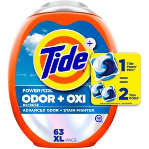 Tide Odor Defense + Oxi Laundry Detergent Pacs, Original Scent, 63 Count, Advanced Odor + Stain Fighter