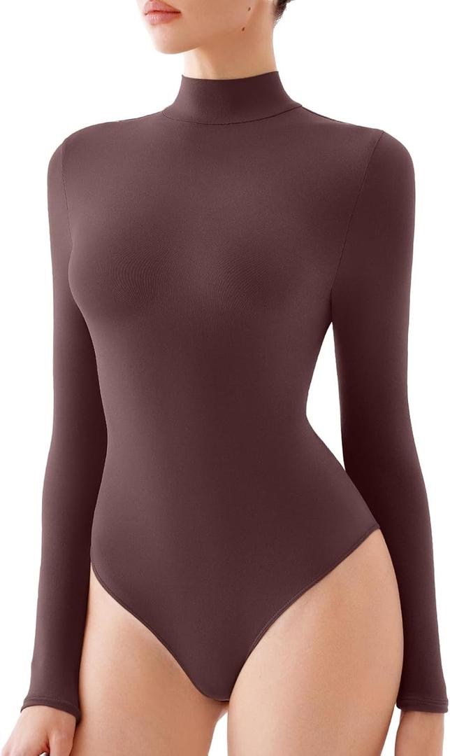 REORIA Women's Long Sleeve Bodysuits Mock Turtleneck Slim Tight Double Lined Basic Layering Body Suits Tops Fall Winter Outfits 2025 (Brown X-Small)