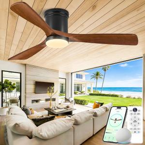 Smart Flush Mount Ceiling Fans with Lights, 60 Inch Low Profile Ceiling Fan with Alexa&Remote Control, 3 Solid Wood Propeller Blades ETL Listed Modern Outdoor Ceiling Fans for Bedroom Patio
