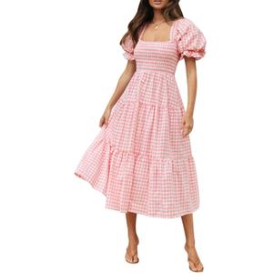 ZESICA Women's 2025 Bohemian Summer Plaid Square Neck Puff Sleeve Ruffle Flowy Beach Midi Dress (Medium, Pink)