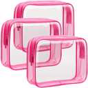 F-color TSA Approved Toiletry Bag 3 Pack Medium - Clear Makeup Bag Travel Quart Size for Women Men, Clear Cosmetic Bag Airport Airline Compliant Carry on Bag, Rose Red