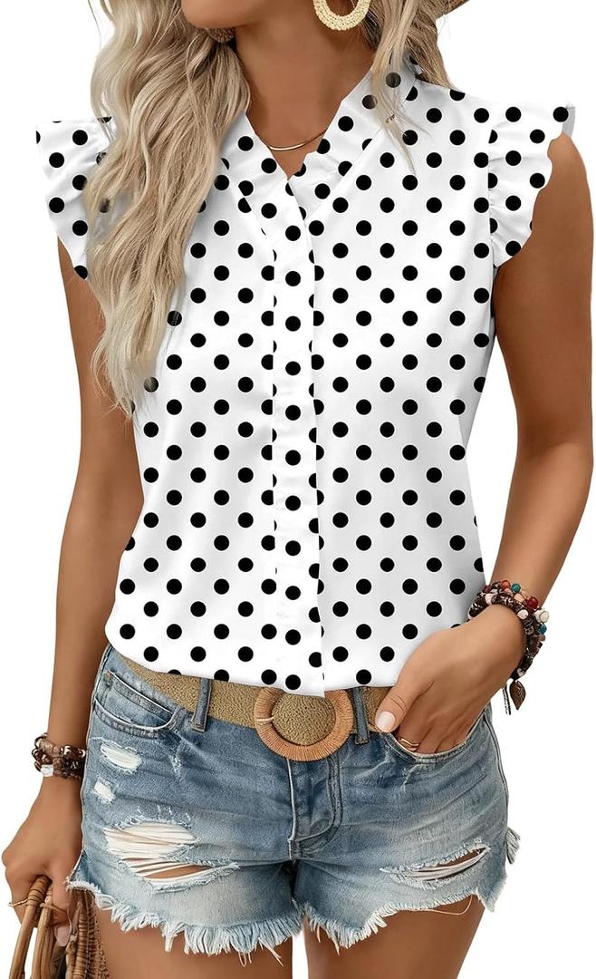 Astylish Womens 2026 Floral Chiffon Blouses V Neck Ruffle Sleeve Fitted Tops Boho Chic Tank Shirts (White, XL)