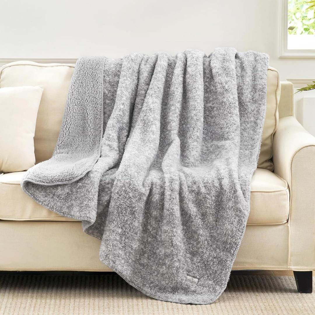 Cozy Bliss Luxury Sherpa Throw Blanket for Couch, Premium Reversible Plush Thick Throw, Warm Cozy Soft Blanket for Home and Gifts (Mottled Grey, 50" x 60")