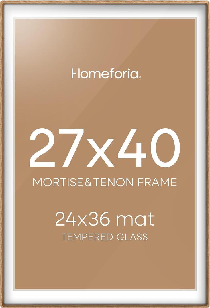 Homeforia 27 x 40 Natural Wood Frame, Mortise & Tenon Light Oak 27x40 Picture Frames with Mat 24x36 for Wall, 40 x 27 Solid Wooden Frame Matted to 24 x 36 inch Photo, Tempered Glass, Wall Kit, Set of 1