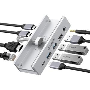 ORICO Clip Docking Station, 8-in-1 Clamp USB C Hub with 4K@60Hz HDMI, 100W PD, Gigabit Ethernet, 4xUSB Port, AUX, 10Gbps Clamp Docking Station for Laptop, MacBook, PC (Adapter Not Included) (Silver)