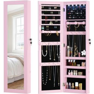 Full Length Mirror Jewelry Cabinet Organizer Lockable Door Wall-Mounted Jewelry Armoire with Shelves and Behind the Door Storage Pink