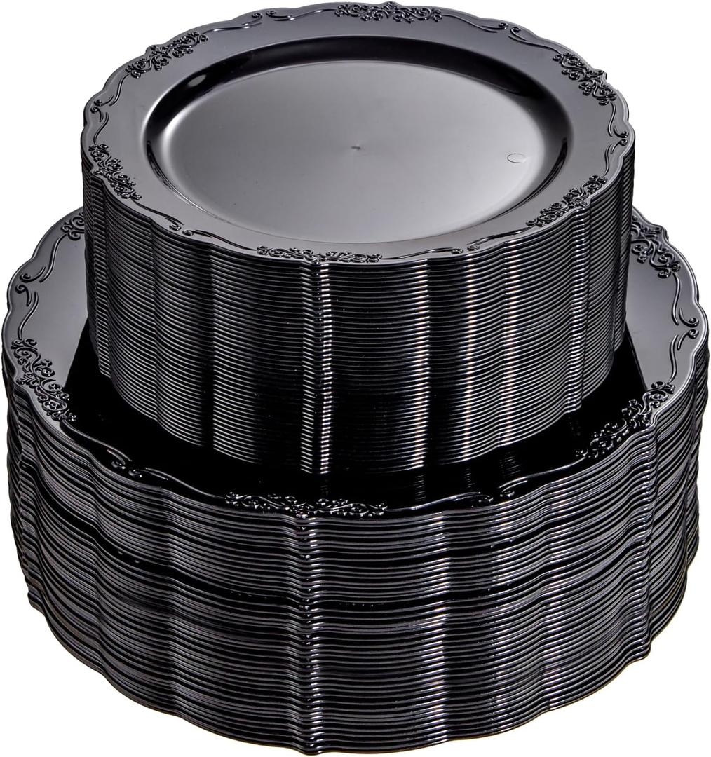 U-QE 100PCS Black Plastic Plates, Heavy Duty Black Plates Including 50PCS 10'' Dinner Plates & 50PCS 7.5'' Dessert Plate - Hard Plastic Plate for Party Wedding Bridal Shower
