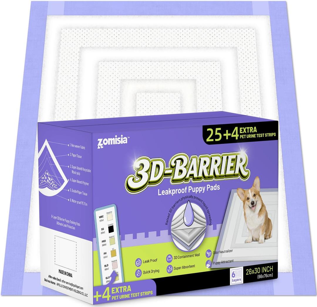 ZOMISIA 3D-Barrier Puppy Pee Pads for Dogs, 12 Cups Absorb & Rise Puffy Gel-Wall Leak-Proof, 26"x30" 25 Counts + 4 Pet Urine Test Strips, Super Absorbent Disposable Potty Training Pads