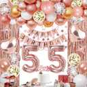 55th Rose Gold Birthday Party Decorations for Women, Rose Gold Happy Birthday Banner, Fringe Curtains, Heart Foil Balloons, Confetti Balloons, Cake Topper for 55th Birthday Decorations