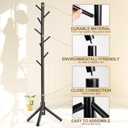 Wooden Coat Rack Freestanding with 8 Hooks & 3 Adjustable Sizes for Clothes, Space-Saving Design for Bedroom Office Entrance Holds Hats Coats Scarves Bags