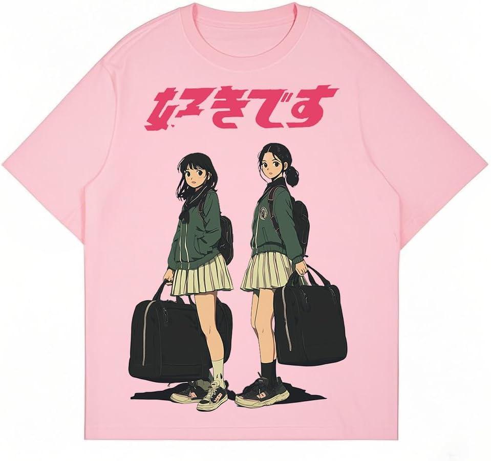 Oversized Graphic Tees Men Vintage Y2K Print Shirts Streetwear Unisex Harajuku T-Shirts (Black, L)